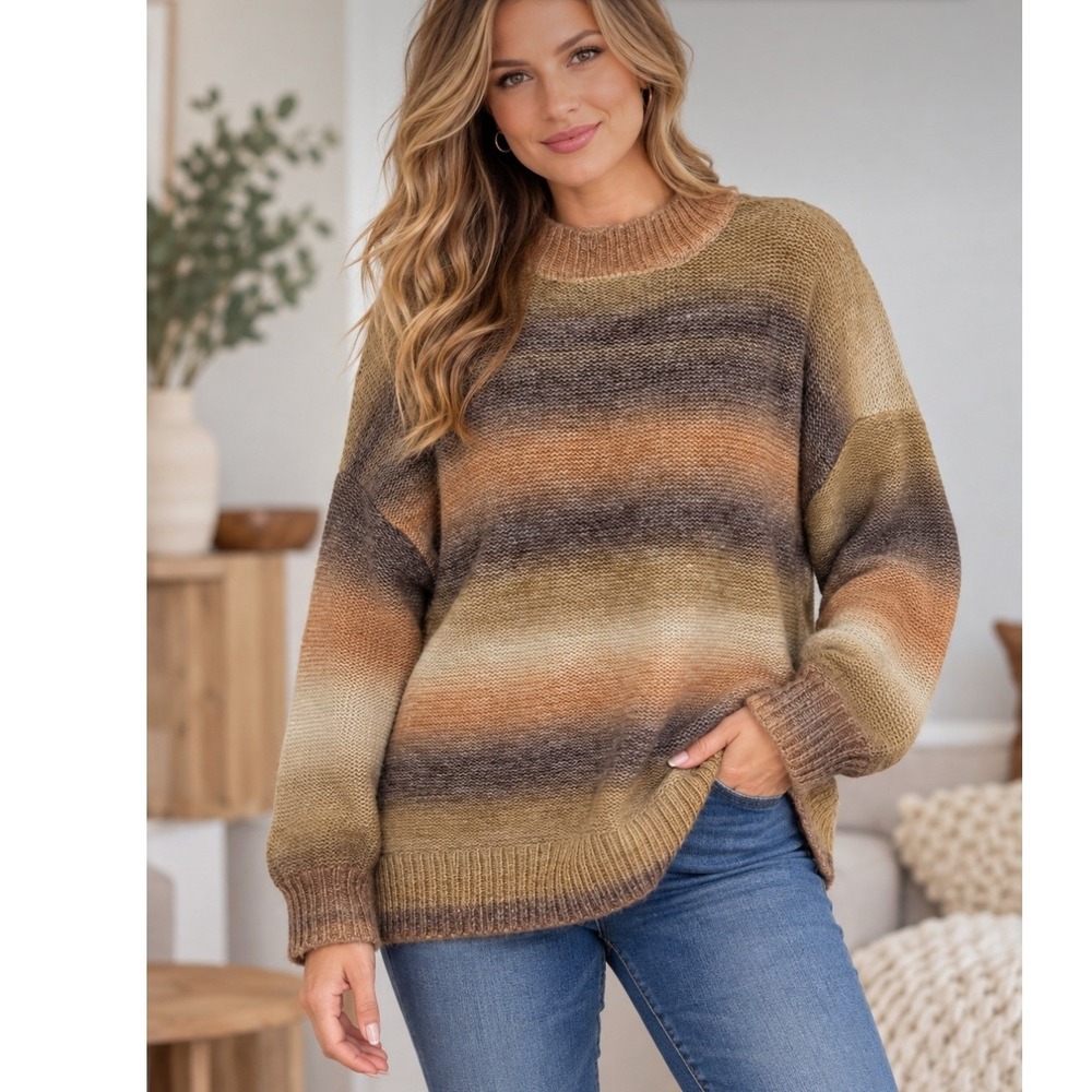 Gilded Intent Women Sweater M Multicolored Ombre Striped Mock Neck Knit Autumn
